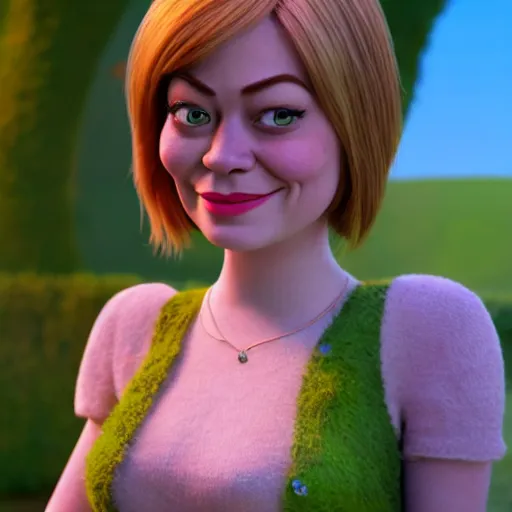 Image similar to Emma Stone as a female wife Shrek, Shrek face features, fully detailed, high quality , 4k , octane render , soft lightening , masterpiece