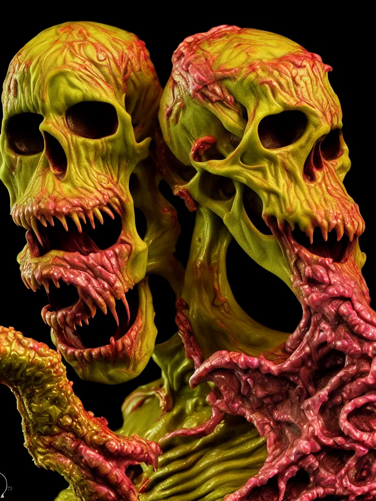 Prompt: hyperrealistic subsurface scattering rendering, fat smooth wet cronenberg flesh monster smooth skulls and ribcages kaiju by art of skinner and richard corben and jeff easley, product photography, action figure, sofubi, studio lighting, colored gels