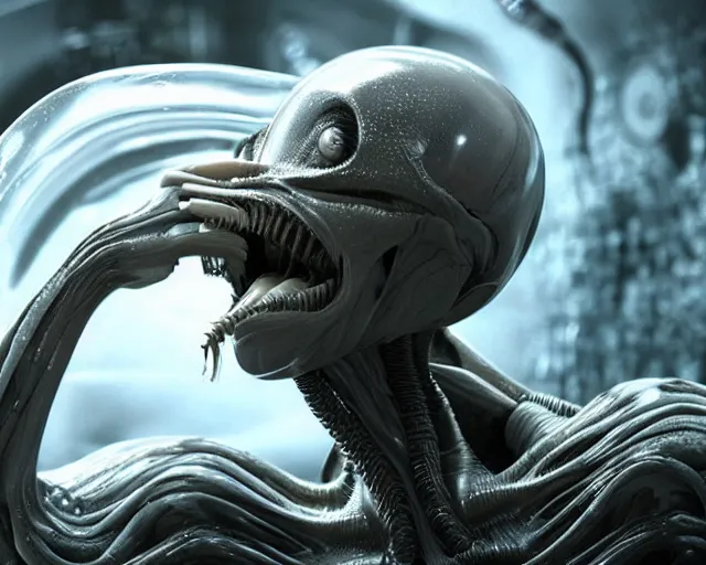 Image similar to cinematic full - body - shot still of kim kardashian being syphon fed by an xenomorph in a transparent alien liquid, wet flowing hair, gooey skin, illustration, unreal engine 5, 8 k, made by h. r. giger.