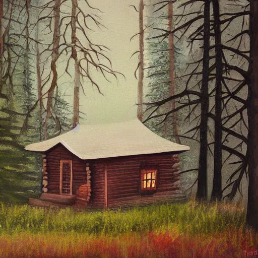 Image similar to a painting of a Eerie cabin in the middle of the woods in the style of Jackson Polluck