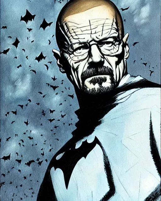 Prompt: portrait of walter white as the batman, illustration, art by neil gaiman and peter elson