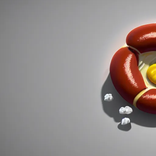 Image similar to hotdog floating in milk, surreal, photograph, photo realistic, render, low poly render