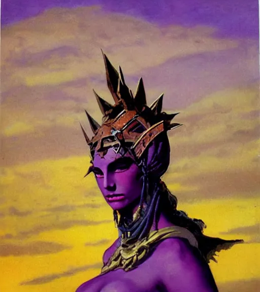 Prompt: evil princess of the wasteland, scrap metal headdress, strong line, deep color, yellow purple, cloudy sky, beautiful! coherent! by brom, by frank frazetta, low angle