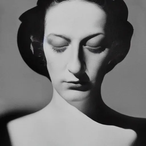 Prompt: portrait of a woman with light and shadow on her face, by dora maar and man ray and lee miller, 1 9 3 4, photography, side lighting, cinematic lighting, surrealism, golden ratio, very aesthetic, beautiful, light and shadow, masterpiece, black and white, perfect composition, tri - x 4 0 0