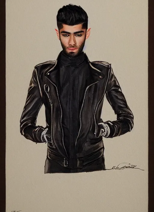 Prompt: portrait of zayn malik as an elf by charles angrand, only one head single portrait, pointy ears, wearing a black leather collared jacket