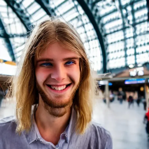 Prompt: a beautiful young, blond male, long hair, fair skin, bright blue eyes, smiling without showing his teeth, in the middle of kings cross station, impressionist, 4 k