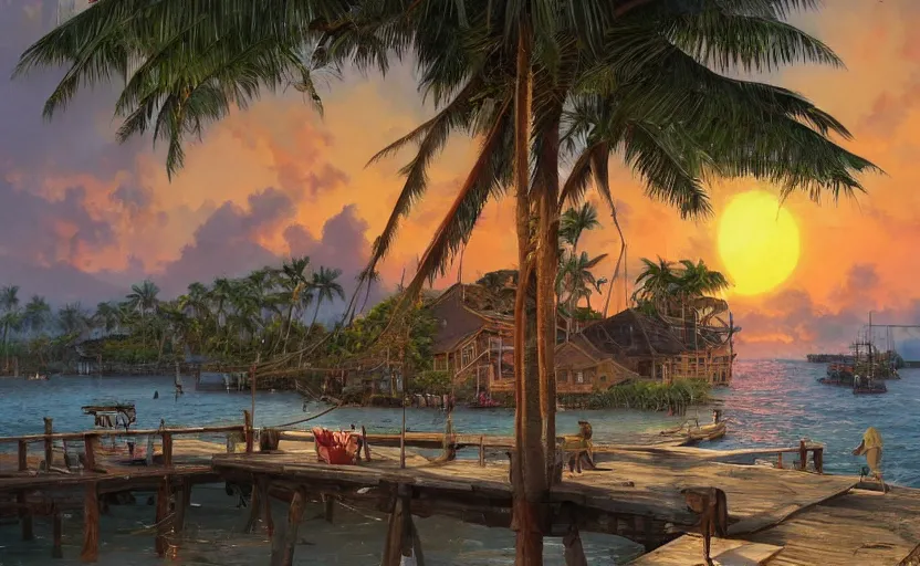 Image similar to a little fisher village on a tropical island, ( ( wood pier and houses, nets and boats ) ), scenic view, sunset, matte painting by marc simonetti and rhads and donato giancola, trending on artstation