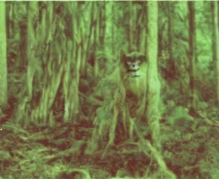 Image similar to a still frame from vhs footage of a creature in a forest, grainy, creature in view, scary, color