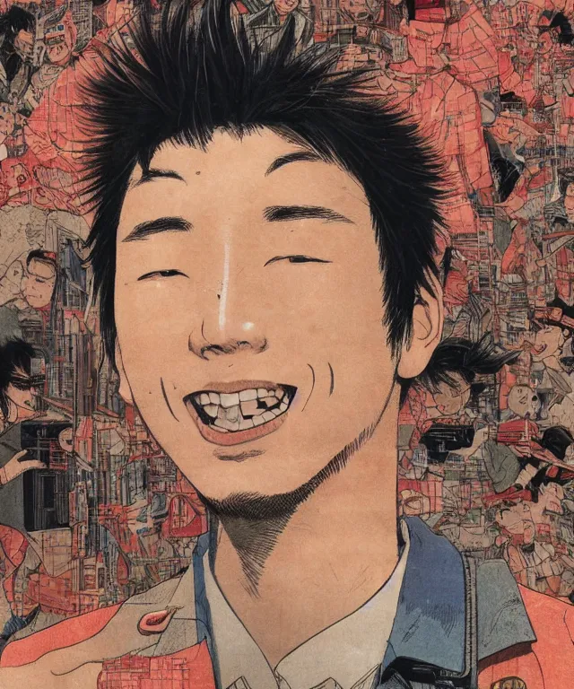 Image similar to a portrait of handsome a young japanese man who is smiling enthusiastically into the camera, a masterful and highly - skilled full color illustration by otomo katsuhiro, jon foster and terada katsuya