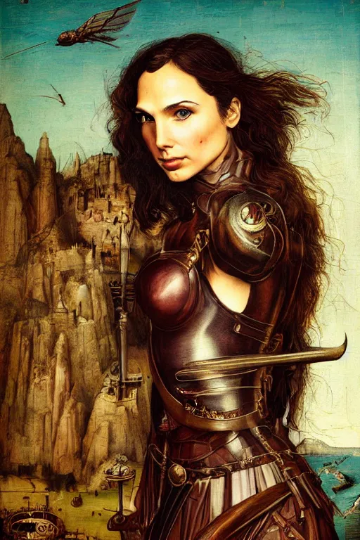 Image similar to highly detailed steampunk gal gadot, hieronymus bosch, leonardo da vinci