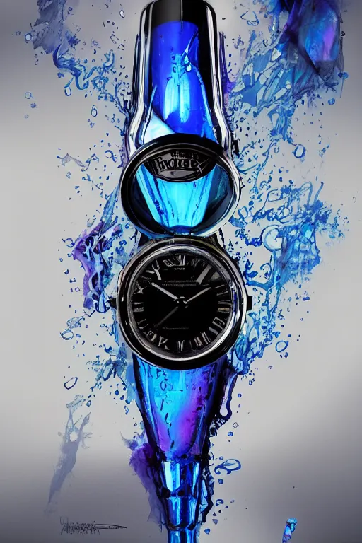 Image similar to concept art of a rolex liquid dietary supplement in a transparent bottle filled with blue magenta iridescent liquid, by aenaluck, artgerm and roberto ferri and greg rutkowski, black and white tones, white background, digital painting, artstation, concept art, smooth, sharp foccus ilustration hq