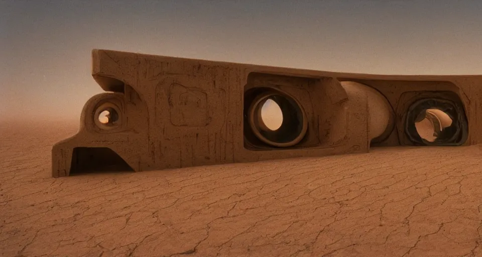 Image similar to the long - shot of levitating abandoned buildings designed by giger under the sand in night arrakis desert, alien spaceship exploding, film still from the movie by alejandro jodorowsky with cinematogrophy of christopher doyle and art direction by hans giger, anamorphic lens, kodakchrome, very detailed photo, 8 k,