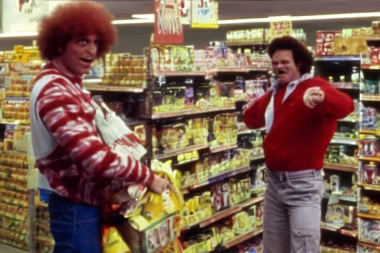 Prompt: a still ronald mcdonald shoplifting from a grocery store in the tv show the a - team, vcr recording