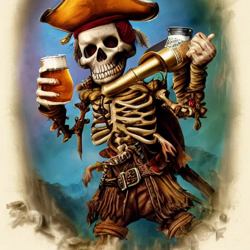 Image similar to pirate skeleton drinking beer by Annie Leibovitz M.W. Kaluta, josephine wall, green wood, nature, 8k resolution, octane render, Trending on artstation, by Justin Gerard and Haeckel. Artstation, volumetric light