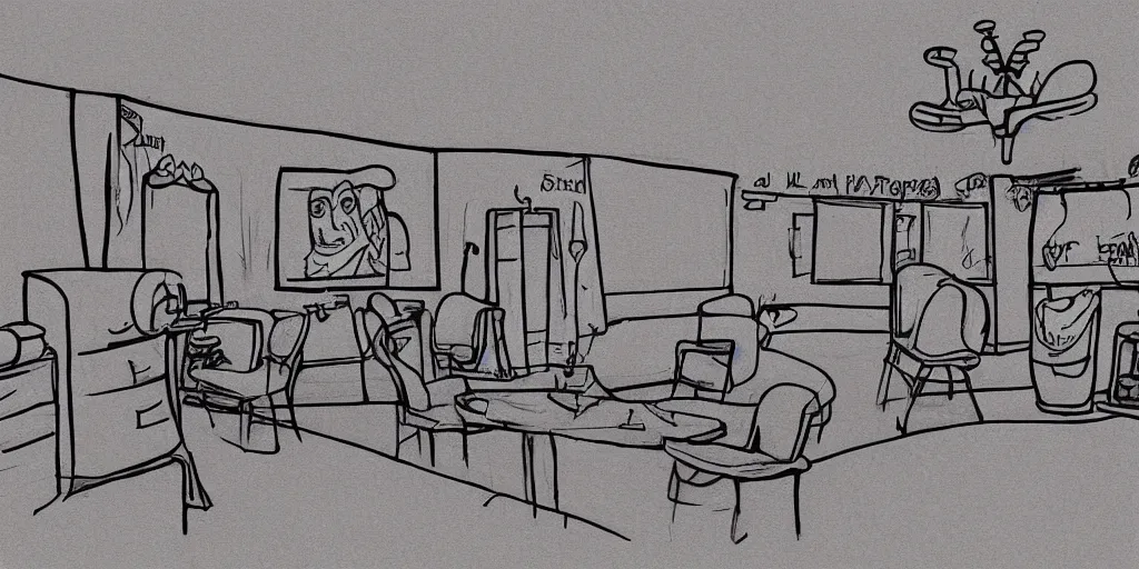 Image similar to a dimly lit, theater dressing room, with a mirror, a chair, a couch, day of the tentacle style, drawn by Peter Chan, 5 point perspective