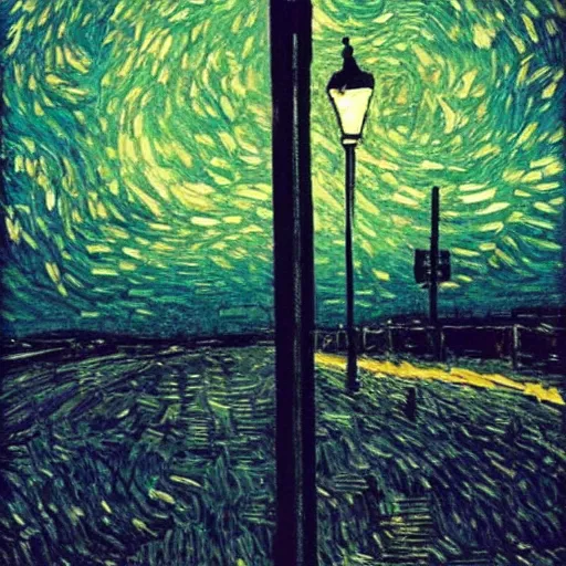 Image similar to light pole at night. nostalgic. bike. empty road. van gogh style. dark colors. high contarst light