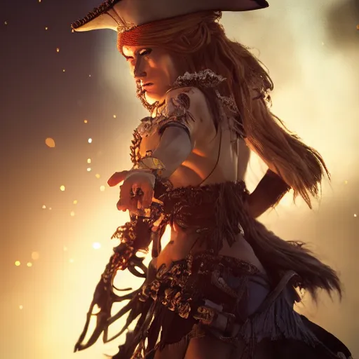 Image similar to full body pose, professional photograph of a beautiful pirate woman, dim volumetric lighting, 8 k, octane beautifully detailed render, extremely hyper detailed, intricate, epic composition, cinematic lighting, masterpiece, trending on artstation, very very detailed, stunning, hdr, smooth, sharp focus, high resolution, award, winning photo, dslr, 5 0 mm