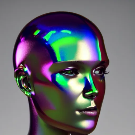 Image similar to 3d render of holographic human robotic head made of glossy iridescent, surrealistic 3d illustration of a human face non-binary, non binary model, 3d model human, cryengine, made of holographic texture, holographic material, holographic rainbow, concept of cyborg and artificial intelligence