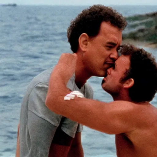 Prompt: Tom Hanks kissing Wilson volleyball, in Castaway
