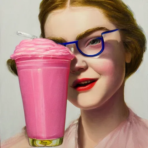Prompt: a front-facing Elle Fanning looking amused, wearing big round rim sunglasses and drinking a pink milkshake, William Clarke Wontner portrait painting