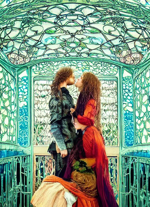 Image similar to detailed colourful masterpiece of intricate art nouveau preraphaelite photography by anne leibovitz couple portrait sat down extreme closeup, love, inside an underwater train, detailed realistic expressions, wearing unusual clothes, ultra wide angle