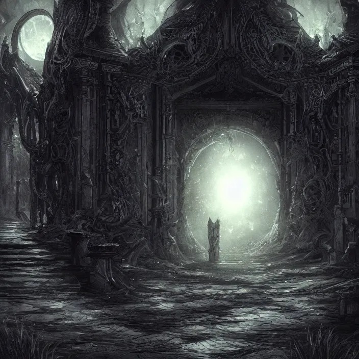 Image similar to ominous mysterious dark etherial gate to the midnight void, midnight lighting, quiet and serene atmosphere, deviantart, official art, concept art, intricate high detail masterpiece