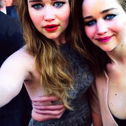 Image similar to a woman who is a genetic combination emilia clarke and jennifer lawrence takes a selfie with a woman who is the genetic combination of emily rudd and taylor swift, medium shot, detailed eyes,