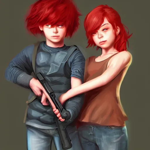 Image similar to a concept art of a boy and a girl with red hair holding a gun, highly detailed, digital painting, artstation, concept art, smooth, sharp focus, illustration