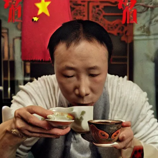 Image similar to xenomorph alien drinking chinese tea in a chinese tea house