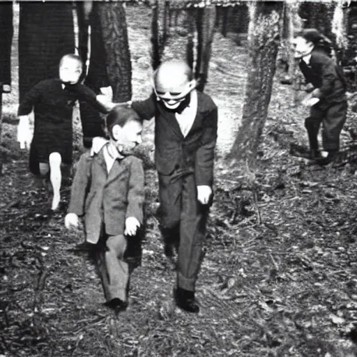 Image similar to a higly detailed album of scared children running slenderman from the 1940s, creepy, unsettling, bad quality, cursed image