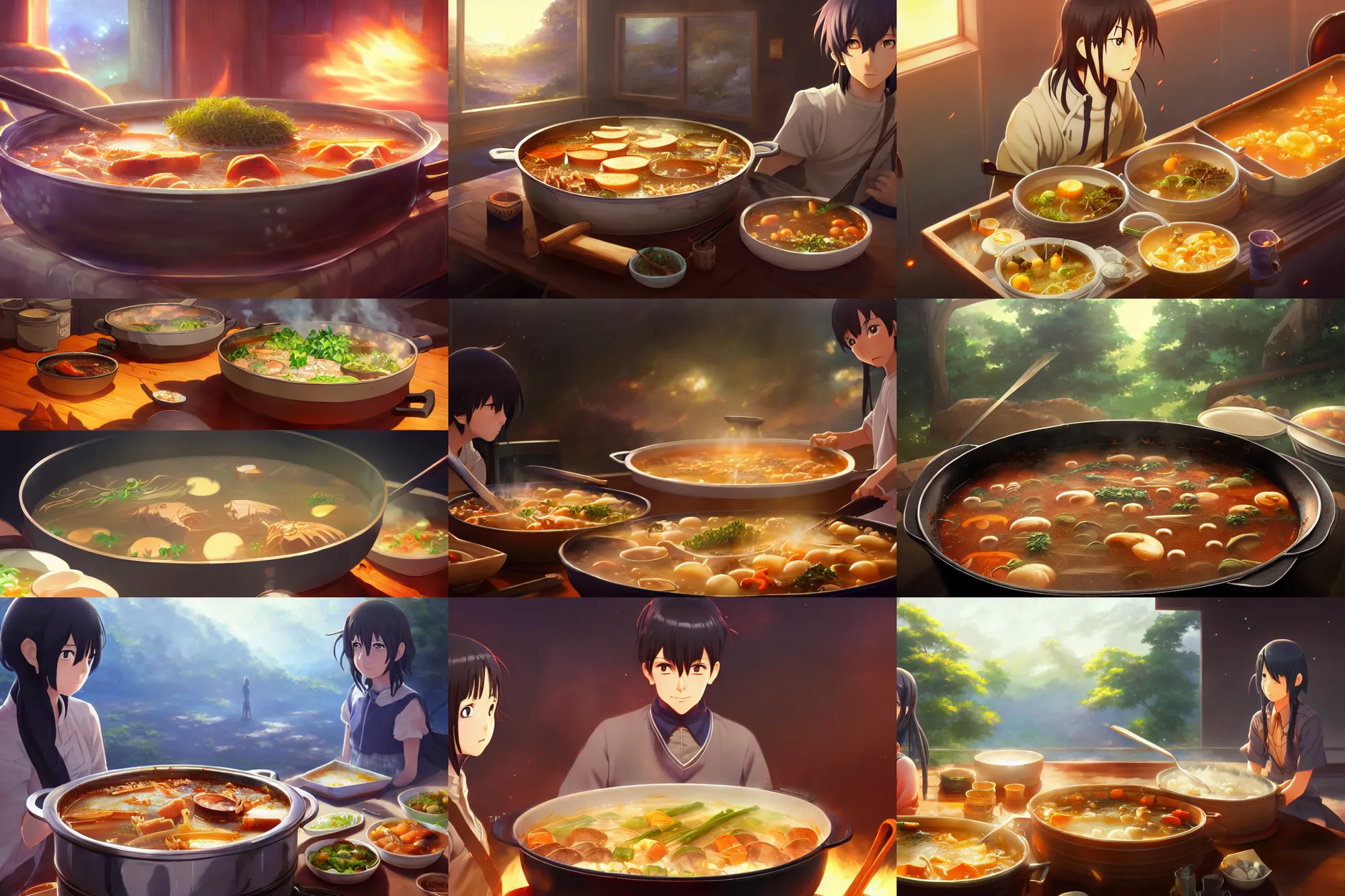 Prompt: a delicious, simmering hotpot, key visual, a fantasy digital painting by makoto shinkai and james gurney, trending on artstation, highly detailed