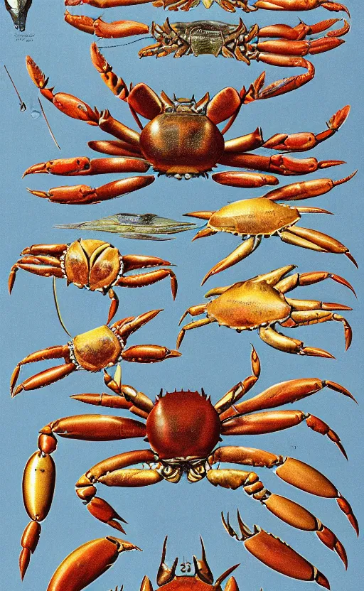 Image similar to a page of crab anatomy atlas, 1 9 0 0 s, highly detailed