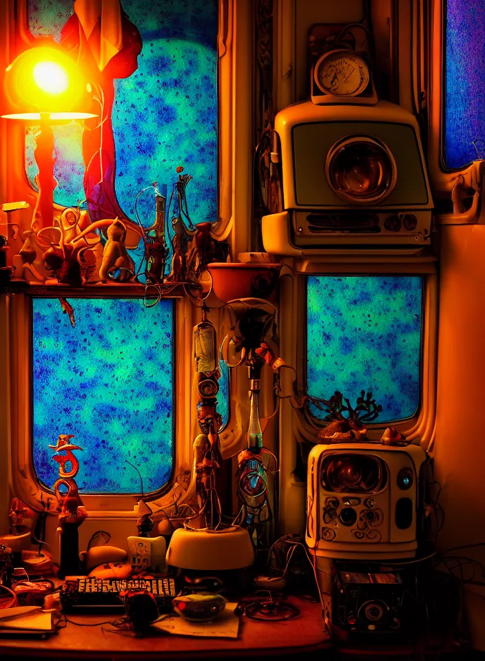 Image similar to telephoto 7 0 mm f / 2. 8 iso 2 0 0 photograph depicting the feeling of chrysalism in a cosy cluttered french sci - fi ( ( art nouveau ) ) cyberpunk apartment in a dreamstate art cinema style. ( ( computer screens, window rain, lava lamp, sink ( ( ( fish tank ) ) ) ) ), ambient light.