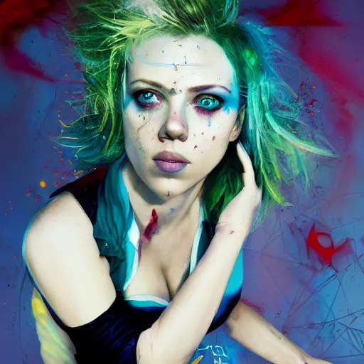 Prompt: drunken scarlett johansson as delirium from sandman, one green colored eye and one blue colored eye, ( hallucinating colorful soap bubbles ), by jeremy mann, by sandra chevrier, by dave mckean and richard avedon and maciej kuciara, 8 0's, punk rock, tank girl, high detailed, 8 k