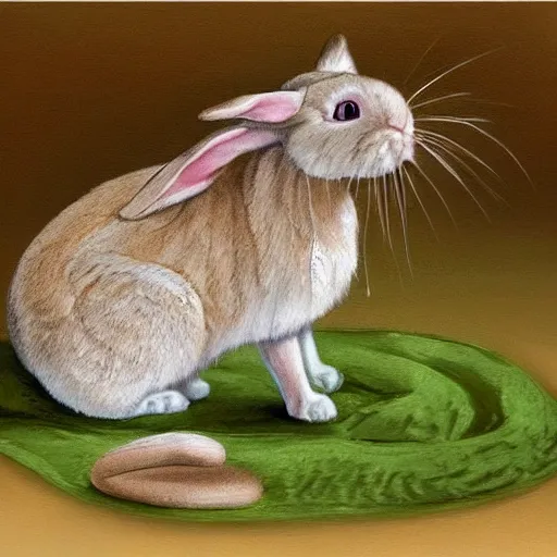 Image similar to detailed paint of a cute beige rabbit with cat's paws and cat's muzzle, big green eyes, long tail and long floppy ears