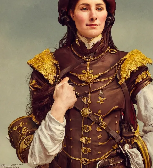 Image similar to portrait of an swiss woman wearing a traditional nineteenth century swiss empire military uniform, metal shoulder pauldrons, intricate, highly detailed, digital painting, artstation, concept art, sharp focus, cinematic lighting, illustration, art by artgerm and greg rutkowski, alphonse mucha, cgsociety