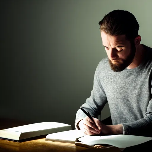 Image similar to a photograph of a man writing the novel of his life story, award - winning photograph, studio lighting, dramatic colors, striking lighting, perfect composition