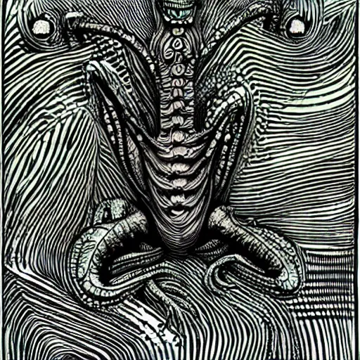 Image similar to eldritch frog abomination of unimaginable horror by h. r. giger and junji ito, speculative evolution, op art with big bold patterns