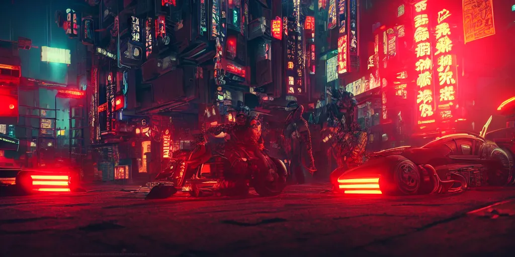 Prompt: A samurai, cyberpunk background with steampunk vehicles. Wide shot, High action glowing neon lights, digital art, artstation, cinematic, volumetric lighting, Award winning, ultra high resolution, intricate details, rendered with unreal engine, octane render, UHD 8K