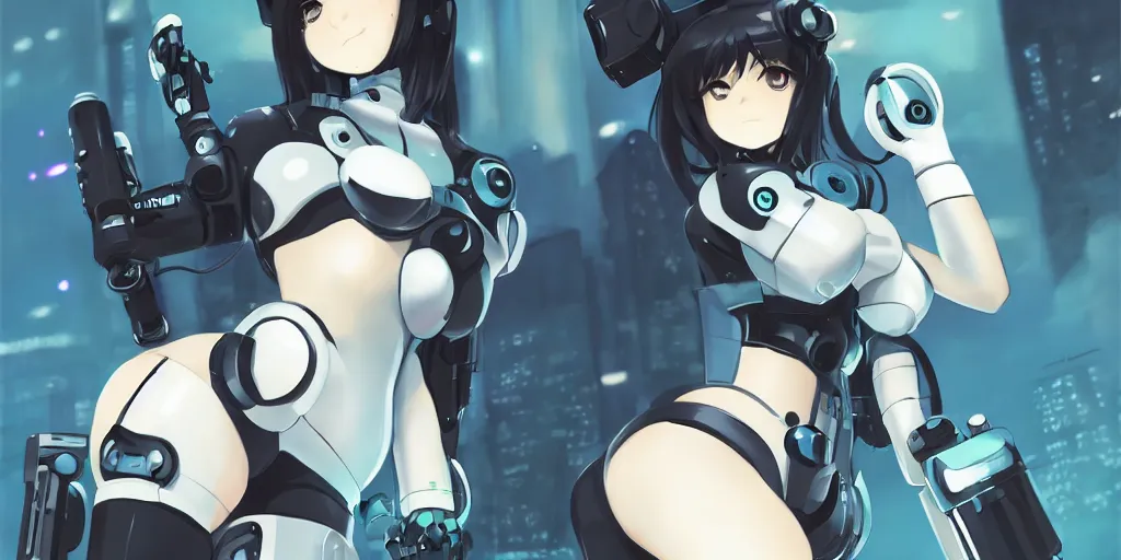 Image similar to cute thicc cyberpunk robotic maid, by makoto shinkai, top of pixiv