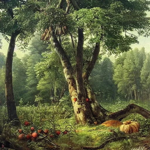 Image similar to forest full of fruits, epic beautiful detailed painting by ivan shishkin