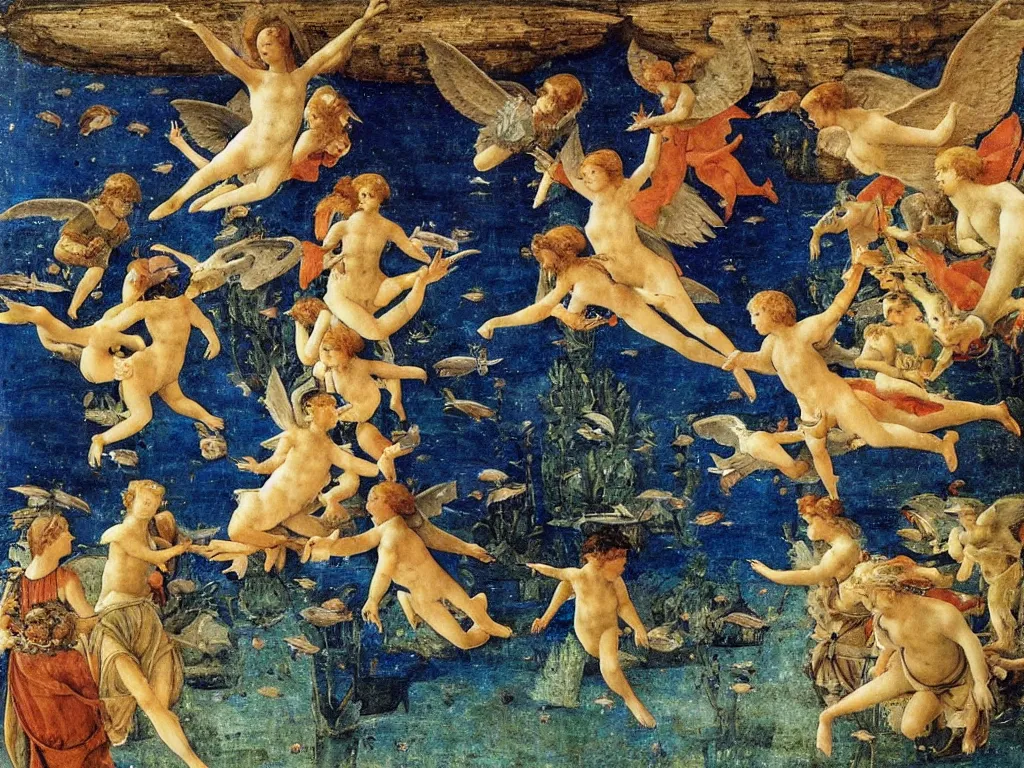 Image similar to Angel flying with the underwater animals. Painting by Fra Filippo Lippi