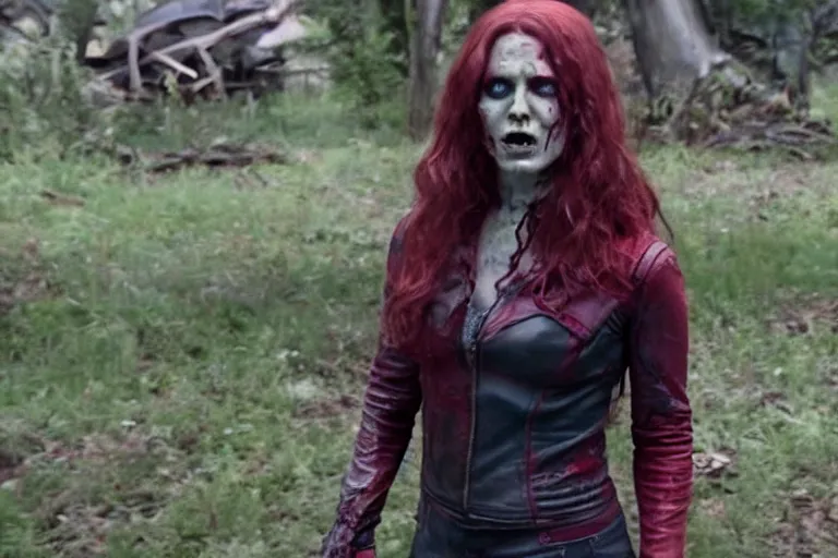 Prompt: film still of zombie Wanda Maximoff in new avengers movie, 4k