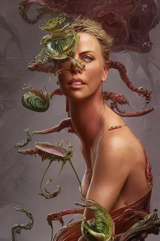 Image similar to Charlize Theron as Venus flytrap, intricate, highly detailed, smooth, artstation, digital illustration by Ruan Jia and Mandy Jurgens and Artgerm and Wayne Barlowe and Greg Rutkowski and Zdislav Beksinski