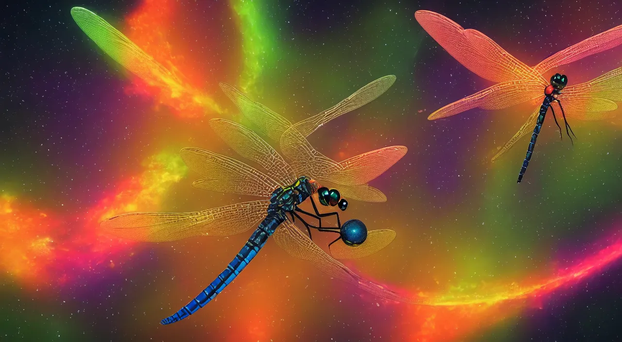 Image similar to a render a dragonfly flying through an astroid field, 8 k resolution, 4 k resolution, unreal engine render, octane render, alex grey, beeple, bang sangho, tomokazu matsuyama, unreal engine, high resolution render, featured on artstation, octane, 8 k, highly intricate details, vivid colors, vector illustration