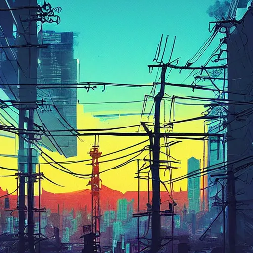 Image similar to the sun is setting over a city with power lines, cyberpunk art by alena aenami, featured on deviantart, digital art, matte drawing, matte painting, speedpainting