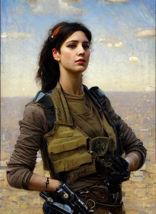 Image similar to beautiful cyberpunk pilot wearing military vest. attractive face. Iranian orientalist portrait by john william waterhouse and Edwin Longsden Long and Theodore Ralli and Nasreddine Dinet, oil on canvas. Cinematic, hyper realism, realistic proportions, dramatic lighting, high detail 4k