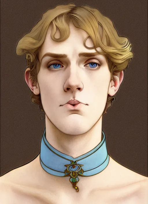 Image similar to art nouveau portrait of a pretty young man with short light brown straw blond hair, light blue eyes, sad expression, scared, head down, shy and demure, wearing a choker collar, natural lighting, path traced, highly detailed, high quality, cartoon, digital painting, by don bluth and ross tran and studio ghibli and alphonse mucha