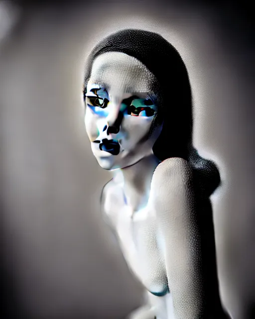 Image similar to black and white dreamy young beautiful female artificial intelligence, cinematic, rim light, bokeh, photo - realistic, elegant, high detail, 8 k, masterpiece, styled by iris van herpin, photo taken in 1 9 3 0