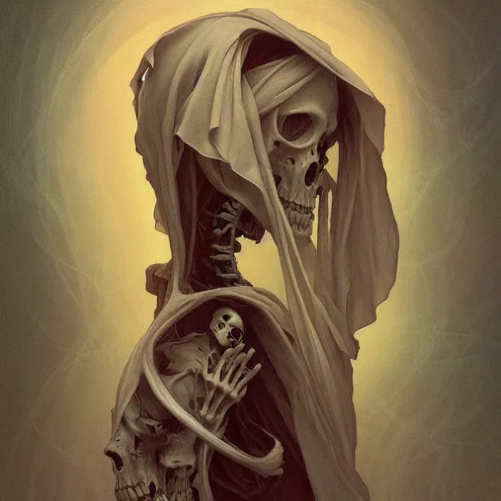 Image similar to A portrait of A Skeleton Nun by Ross Tran!!! and alphonse mucha and greg rutkowski! and Gustave Doré!! and Zdzisław Beksiński!,In style of Impressionism.Symmetry.Highly detailed face.Fantasy,smooth,hyper detailed,sharp focus,Soft light.trending on artstation.oil on canvas